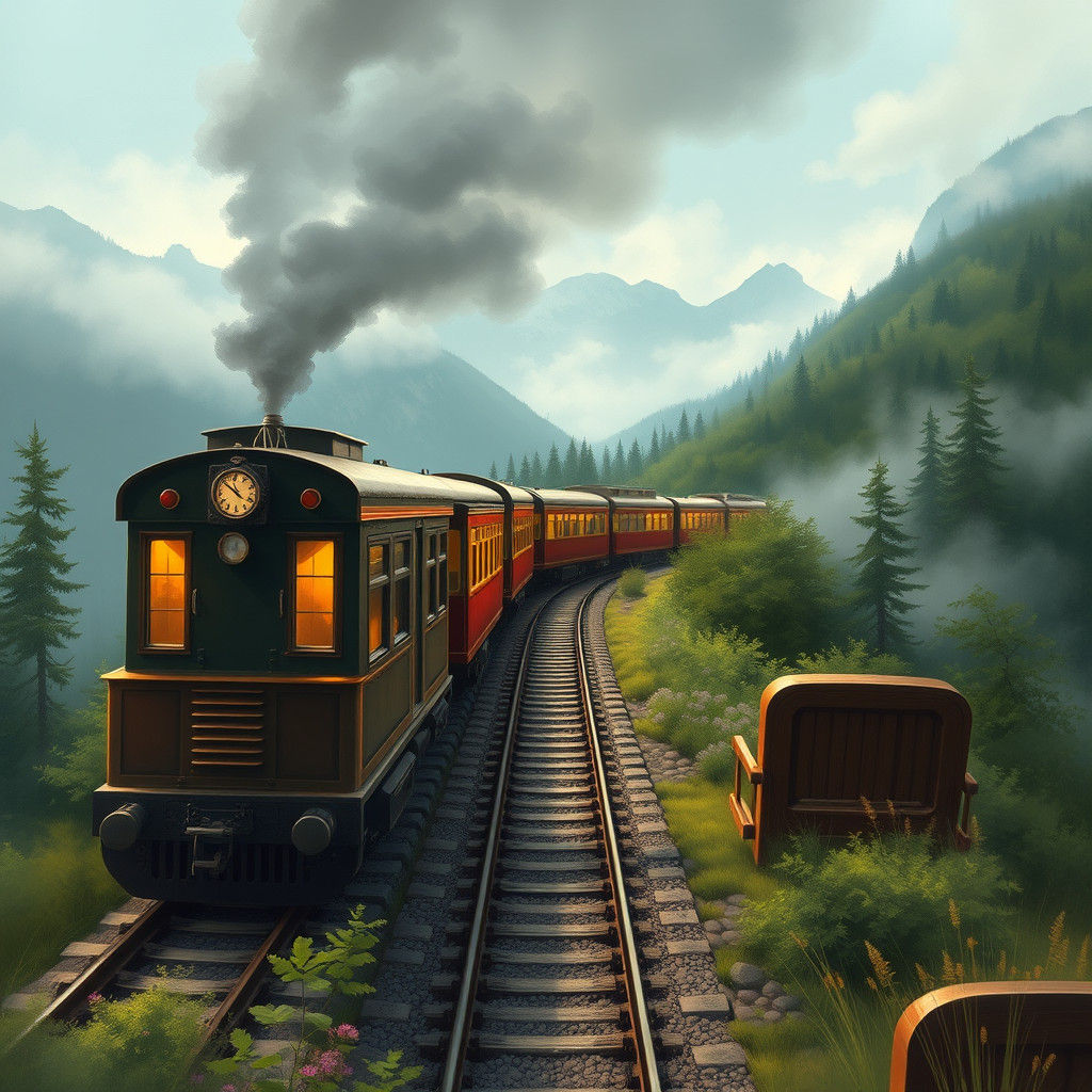 Vintage Train Journey Through Misty Mountains
