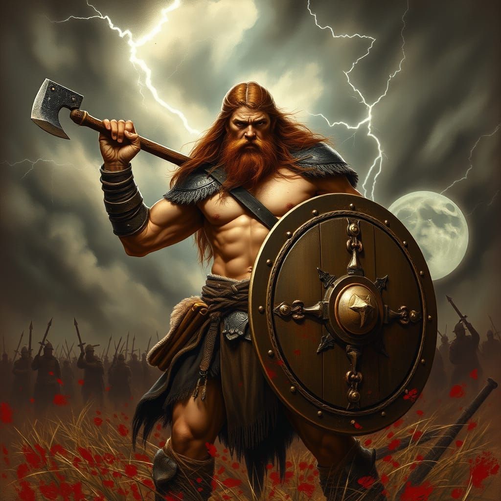 Battle-Hardened Viking Warrior Stands Tall in Stormy Battlef...