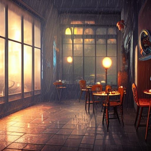 Rainy Midnight Cafe: Detailed Fantasy Concept Art