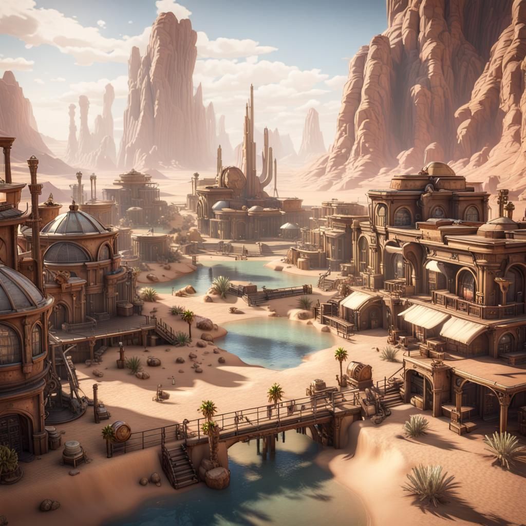 Steampunk Alien Desert Oasis Town in 3D