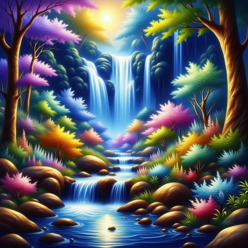 Majestic Waterfall in Colorful Detailed Forest as Oil Painti...