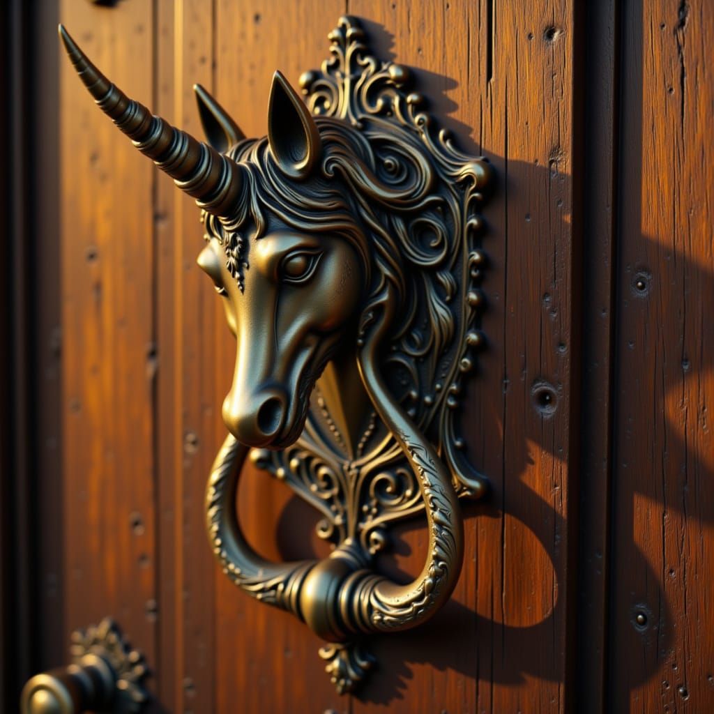 Intricate Unicorn Doorknocker on Weathered Door
