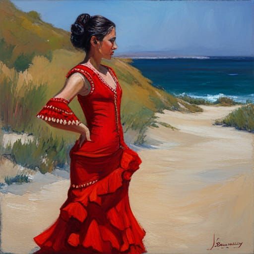 Girl in Red Flamenco Dress: Oil Painting