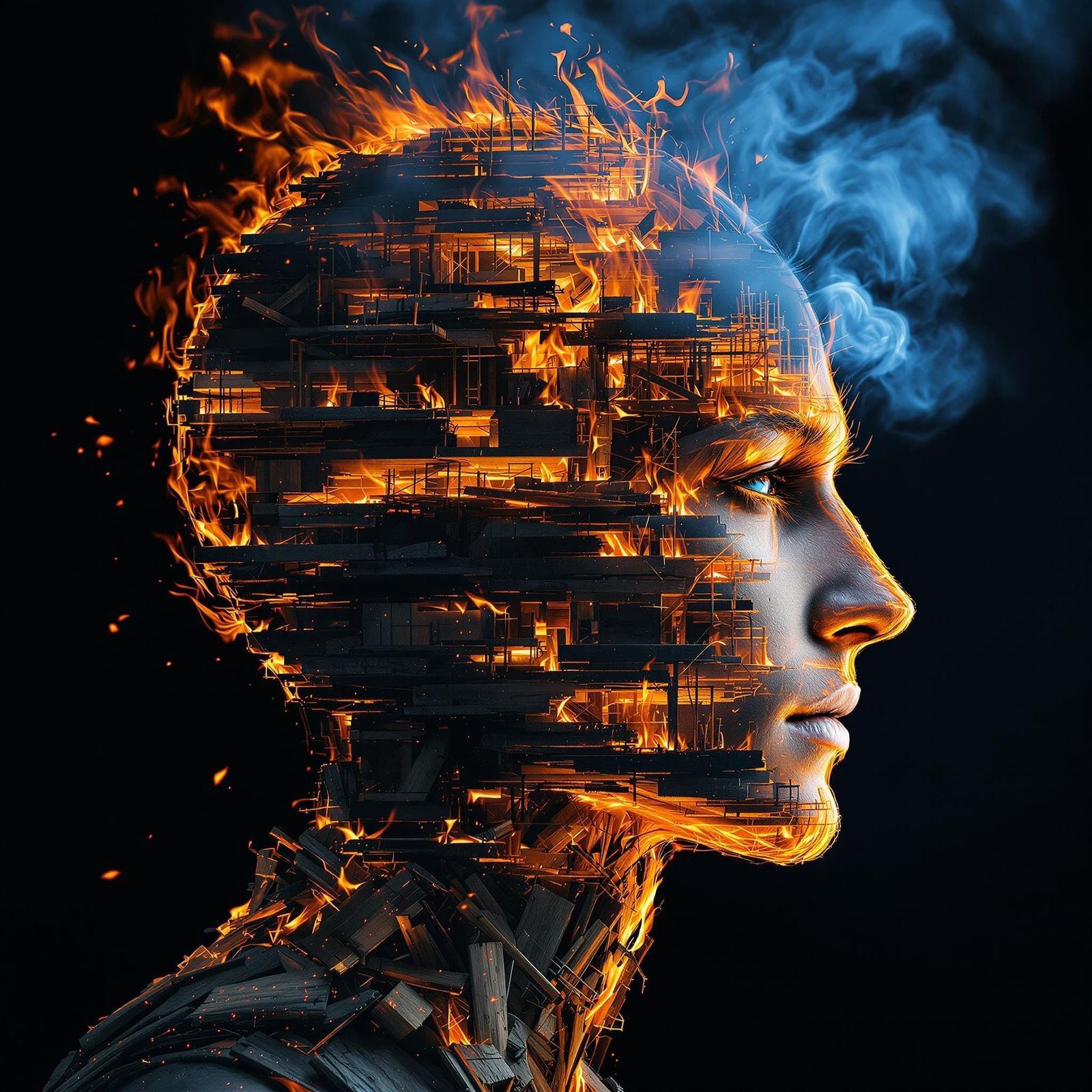 Surreal Burning Construction Site Double Exposure