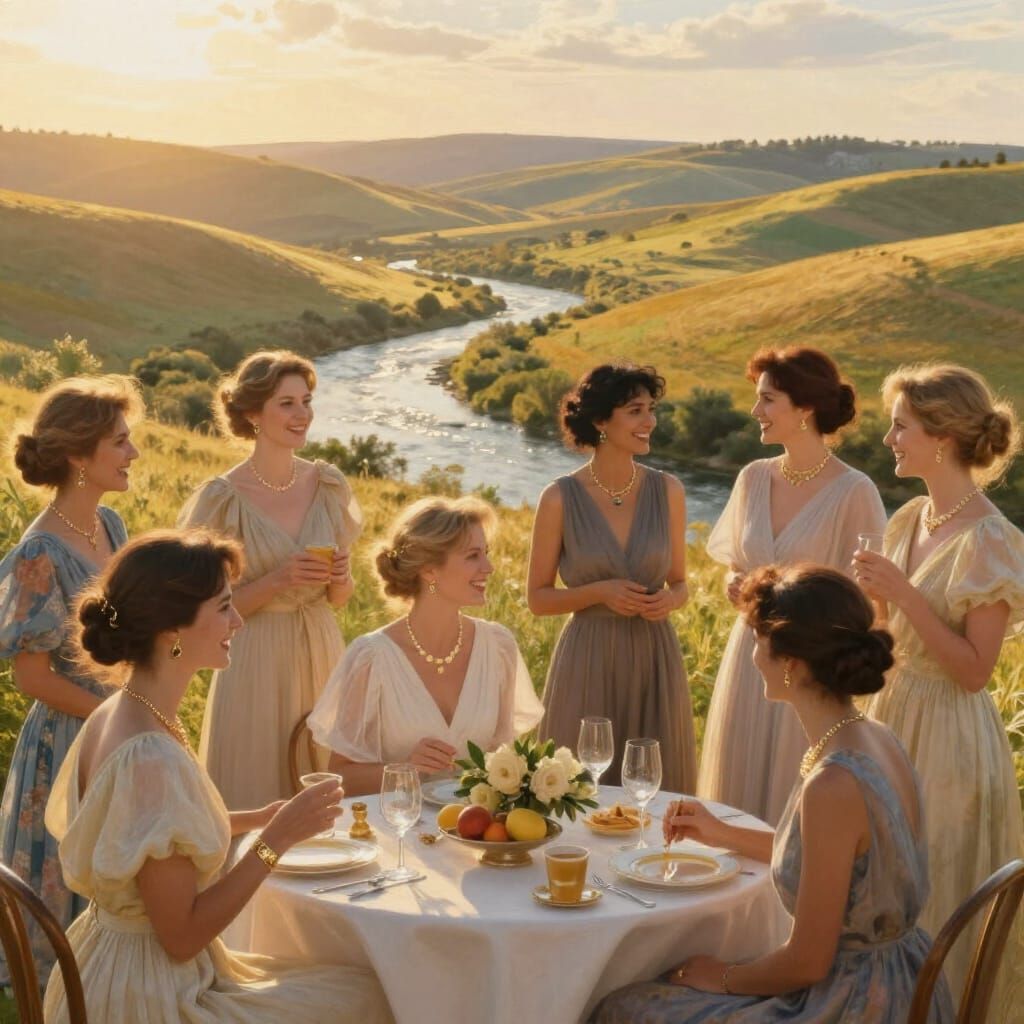 Idyllic Landscape with Joyful Women in Golden Hour Light
