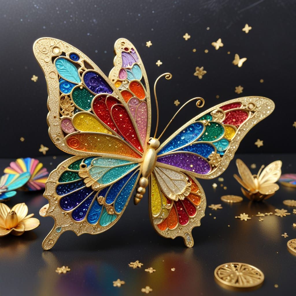 Rainbow Butterfly and Duckling in Art Nouveau Style