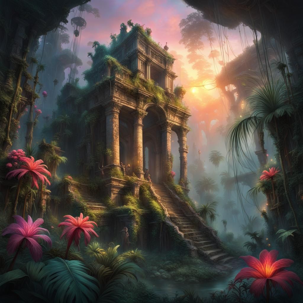 Lush Jungle Ruins at Sunset in Digital Art