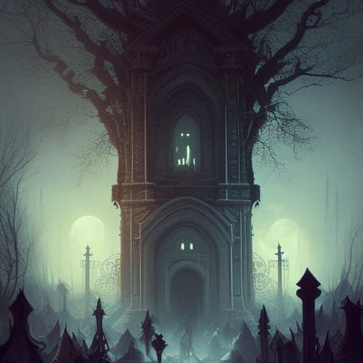 Eldritch Graveyard Under Blood Moon, Digital Illustration