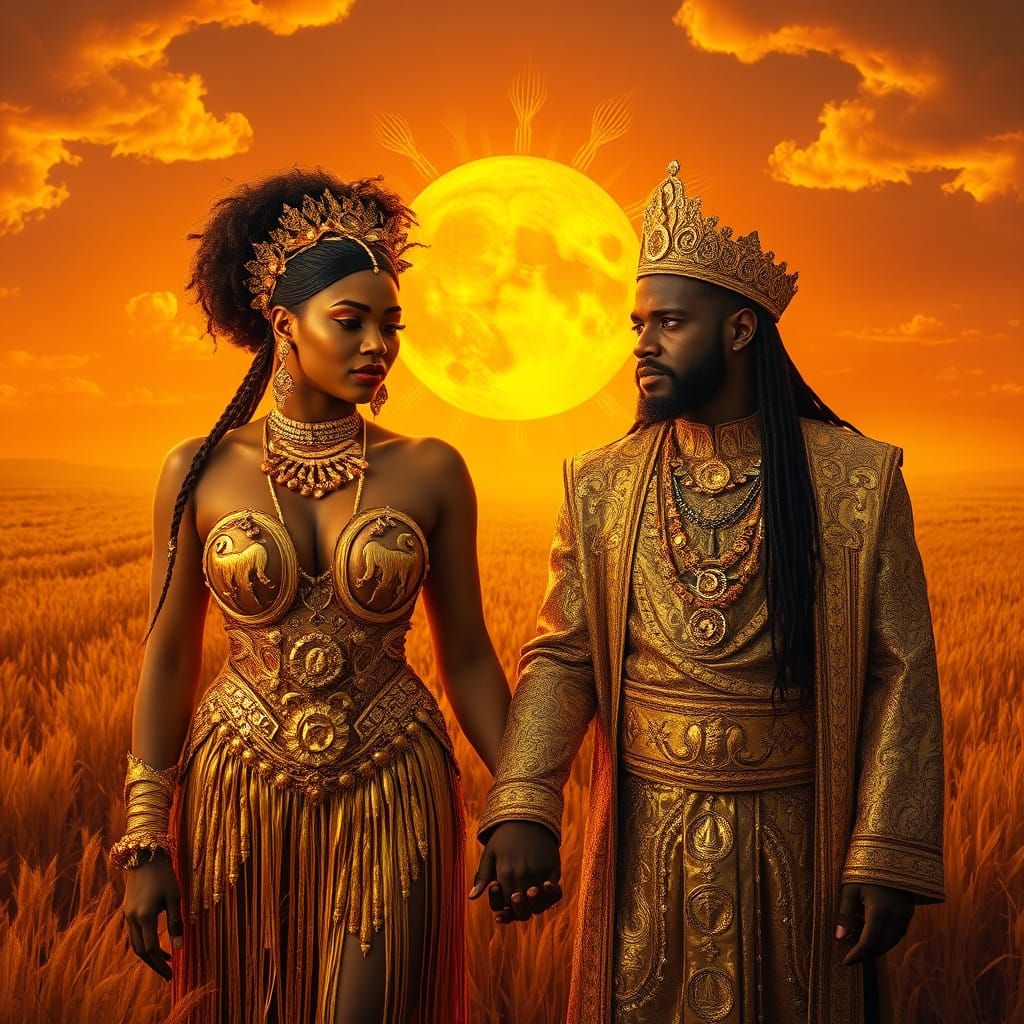 Regal Couple Drenched in Radiant Gold Amidst a Golden Sunset