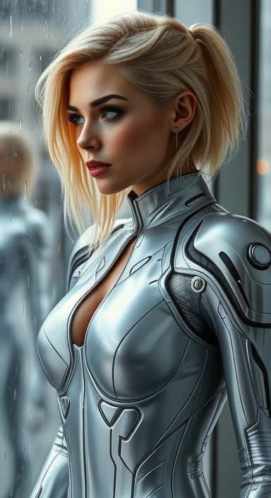 Blonde Cyborg in Silver Catsuit, Cyberpunk Digital Art