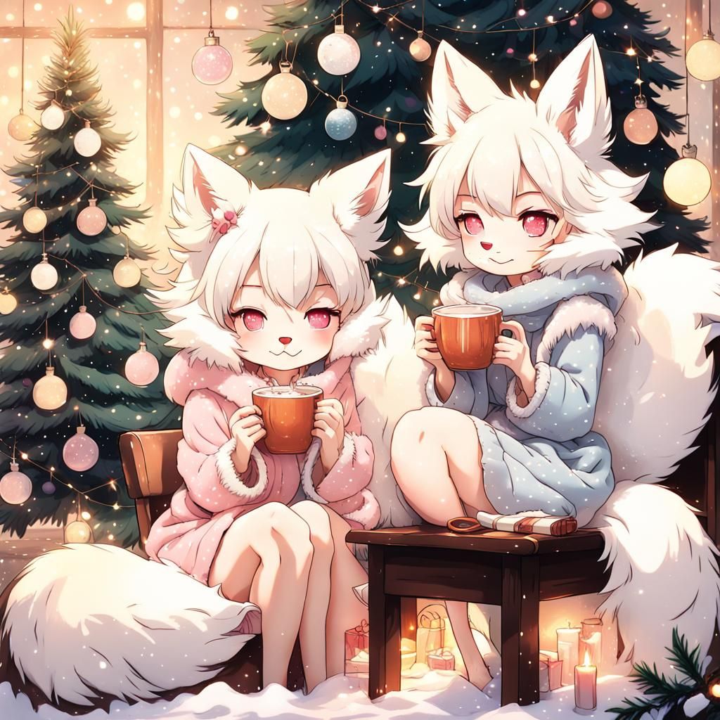 Kitsunes Enjoying Hot Chocolate in Anime Style
