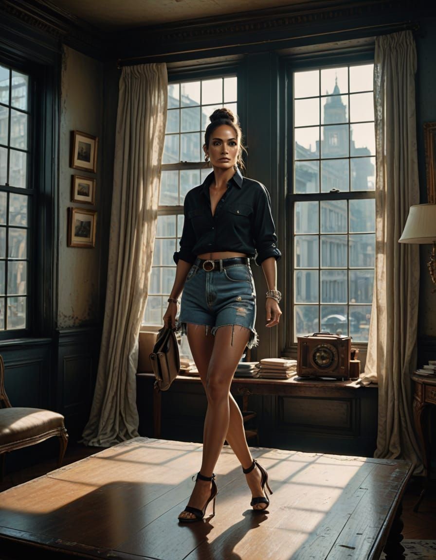 Jennifer Lopez in Elegant Distressed Denim, High Heels and M...