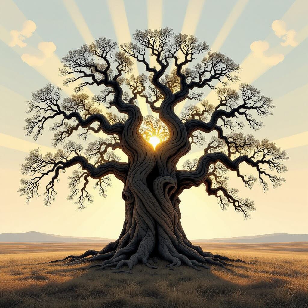 Ancient Colossal Tree with Zentangle Bark in Ethereal Light