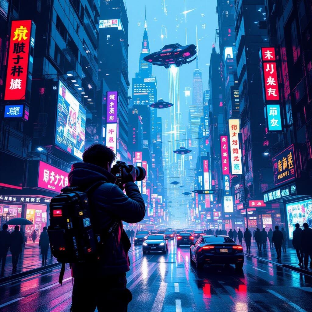Photographer Captures Cyberpunk Cityscape with Holographic L...