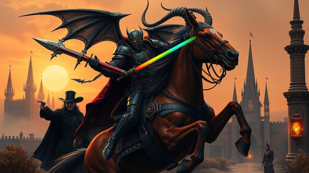 Steampunk Rainbow Demon Knight in Etching Style