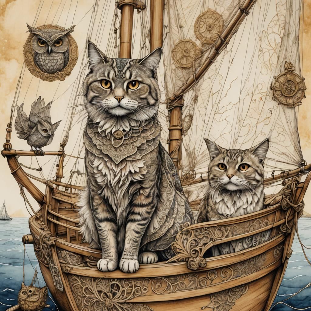 Sailboat Line Art with Sailor Cat and Owl