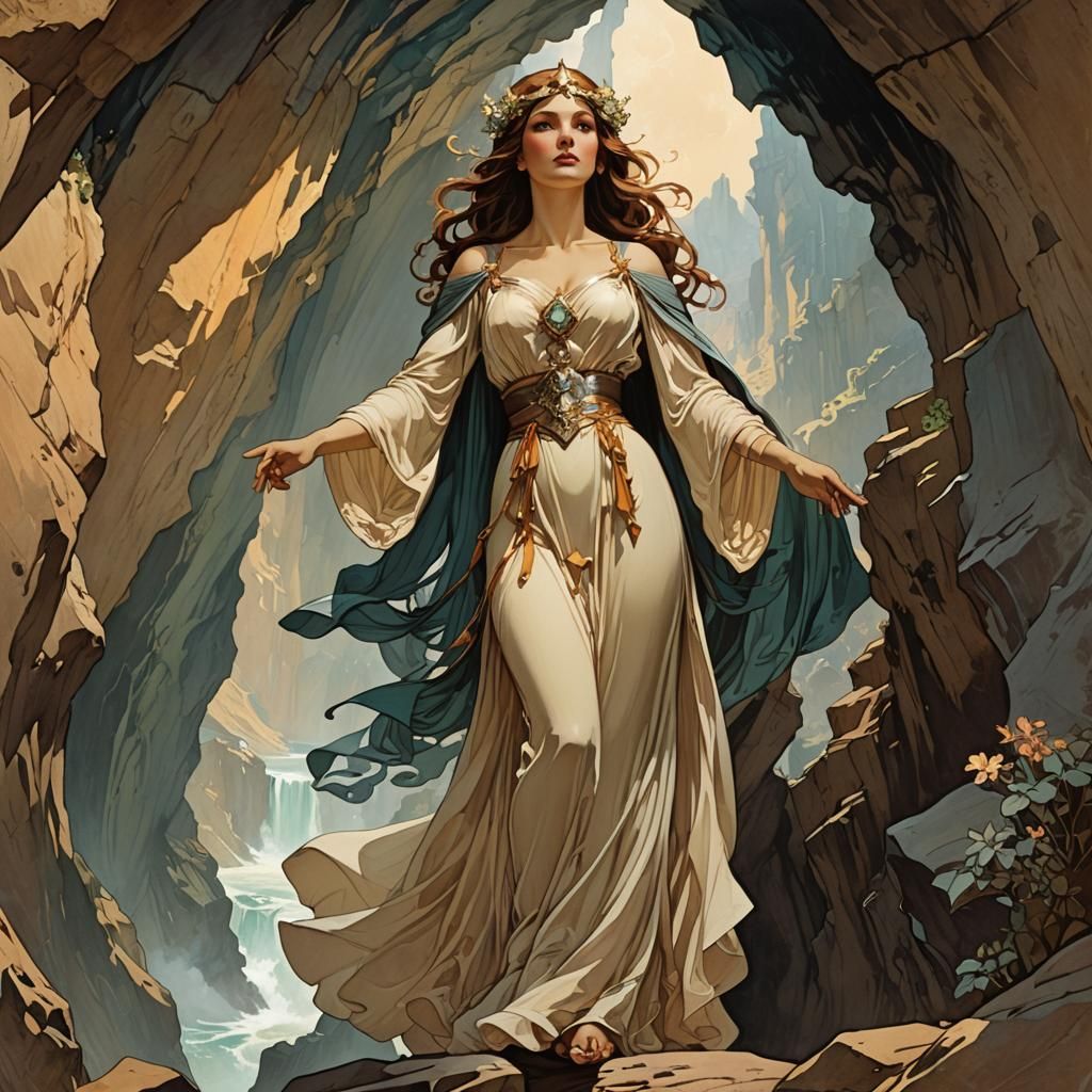 Female Wizard in Cave, Alphonse Mucha Style