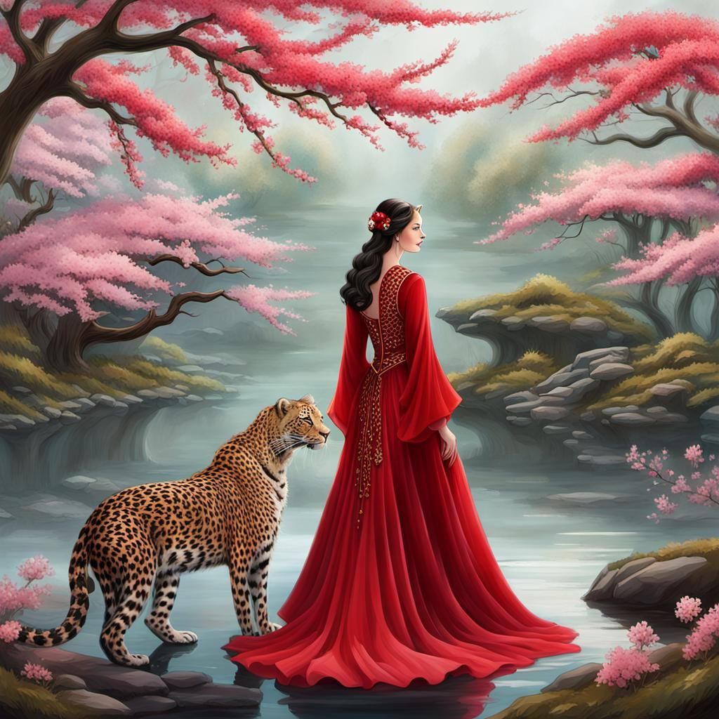 Woman and Leopard in Mystical Cherry Blossom Forest