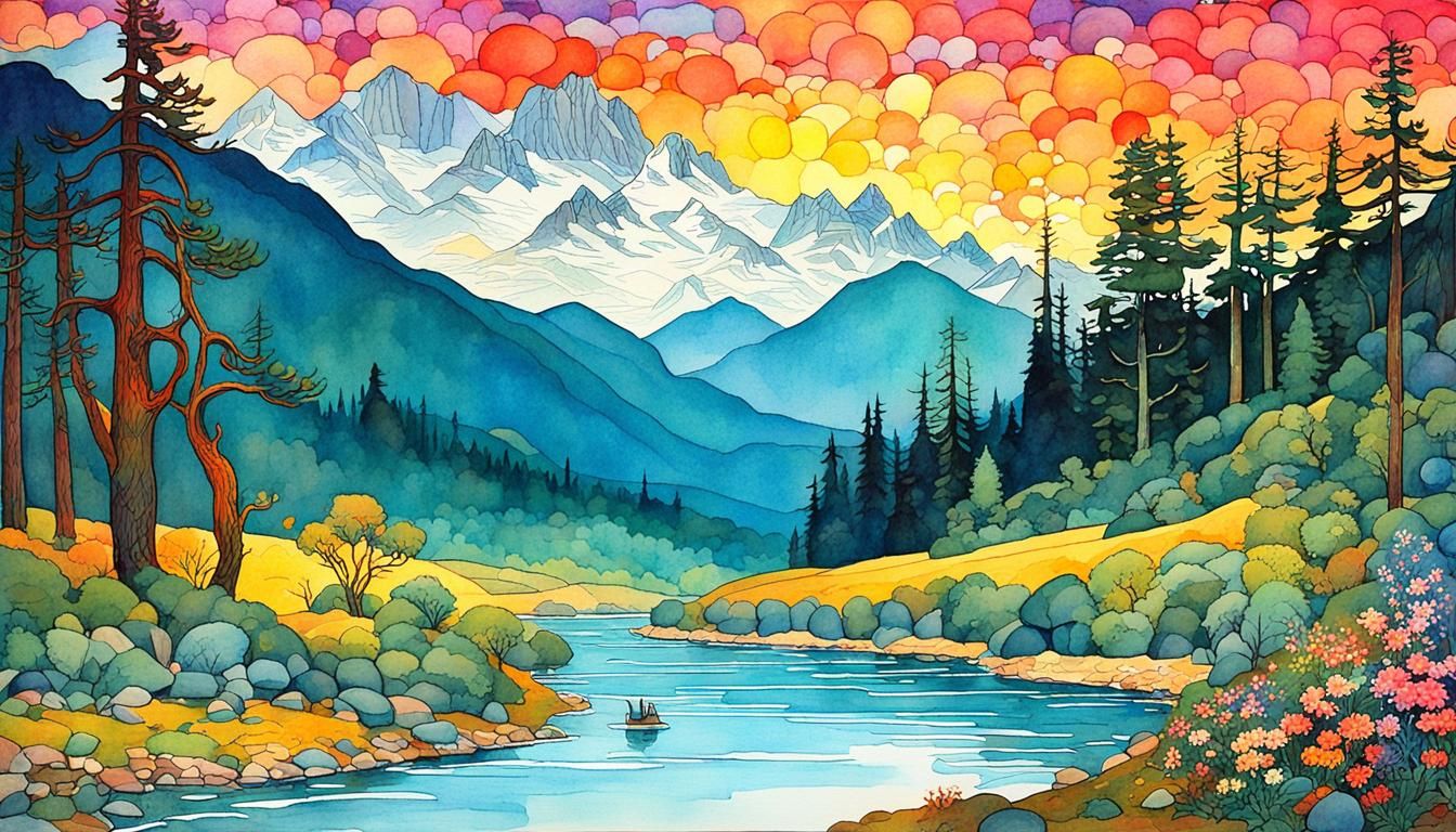 Watercolor Landscape with Mountains and Birds