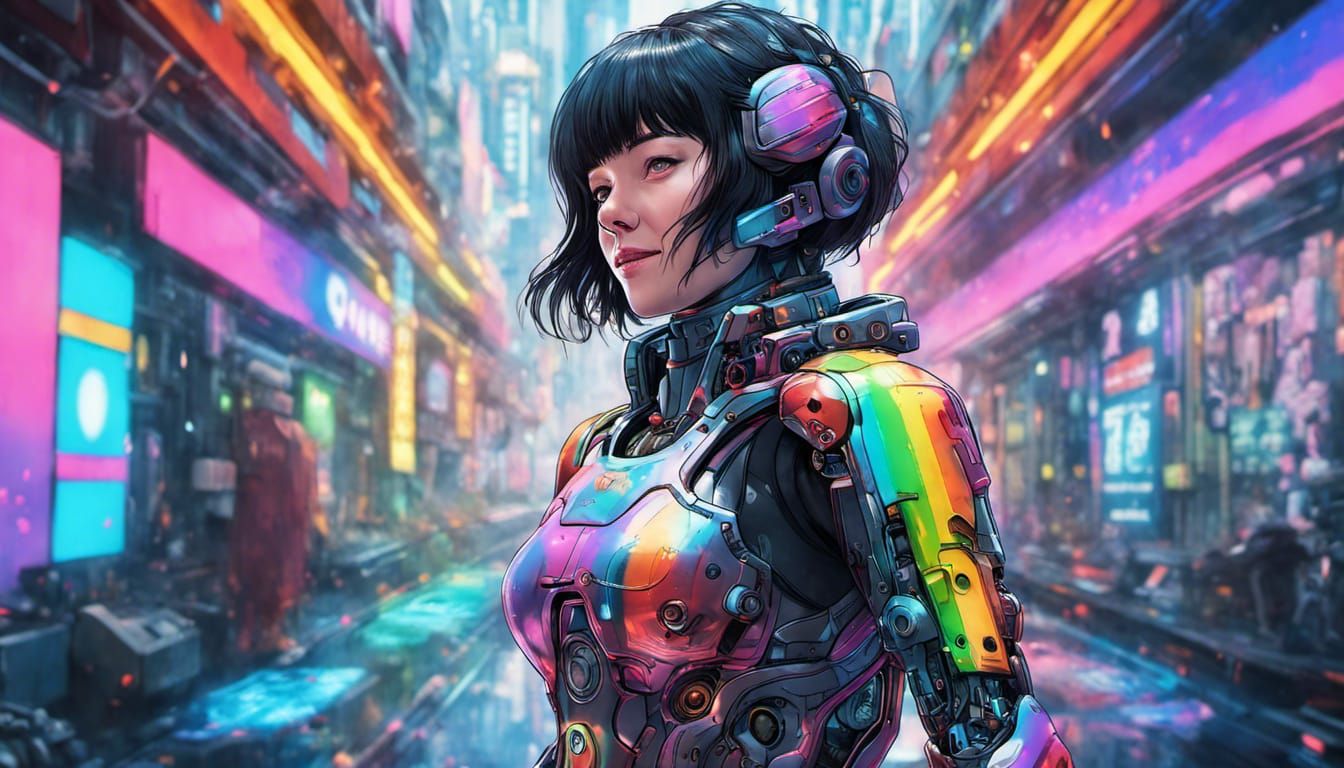 Woman in Rainbow Mech Suit: Sci-Fi Concept Art