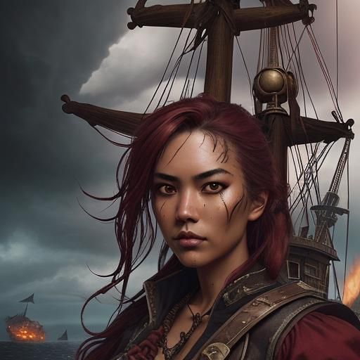 Steampunk Asian Pirate in Stormy Magic Scene
