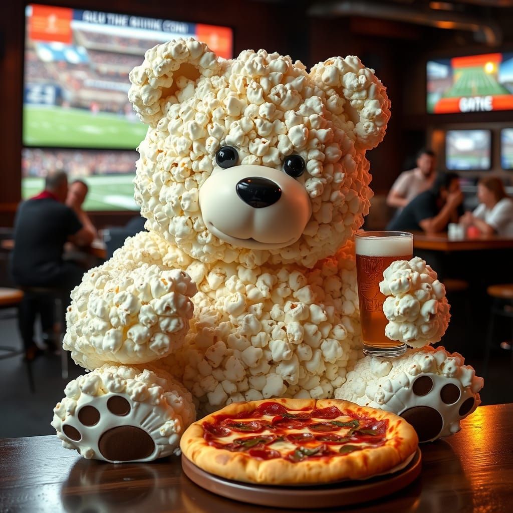 Popcorn Teddy Bear Watches Football at Bar