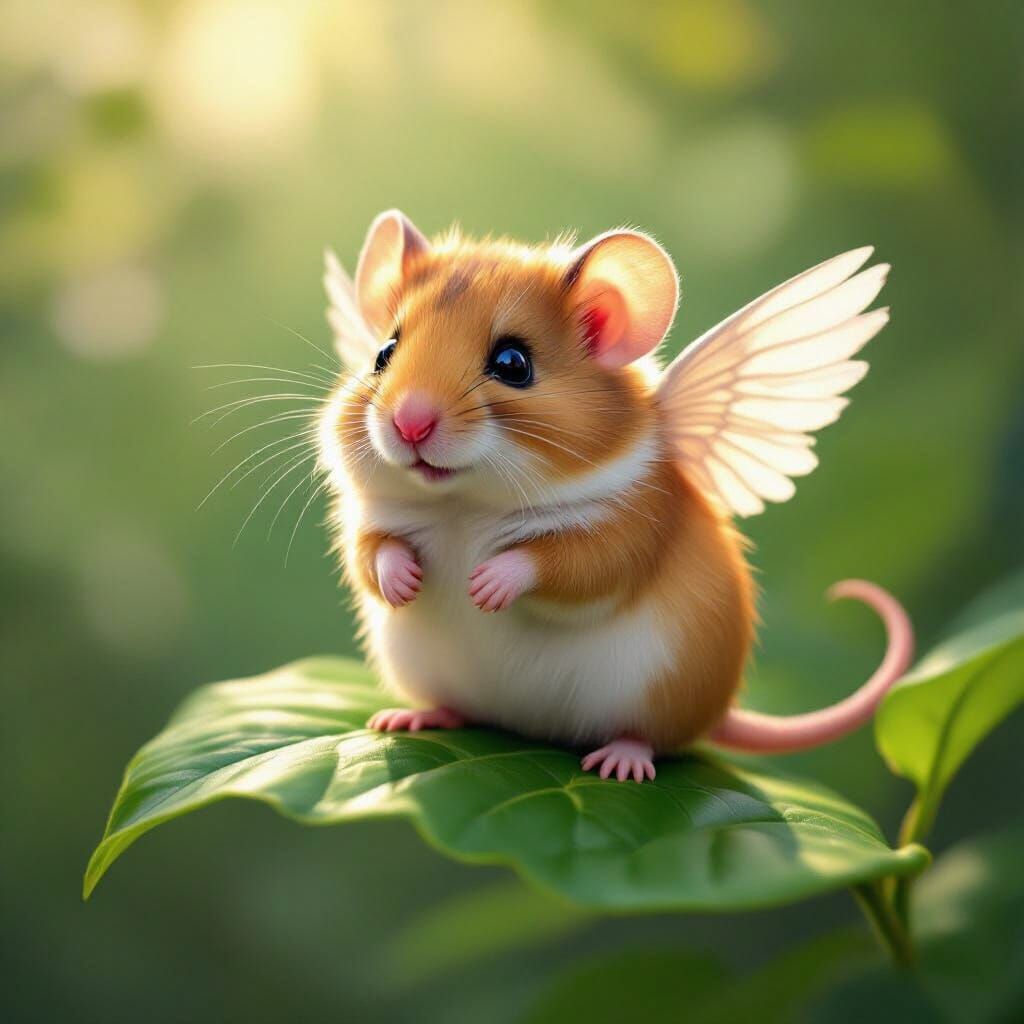 Whimsical Rodent Creature with Feathered Wings on Leaf