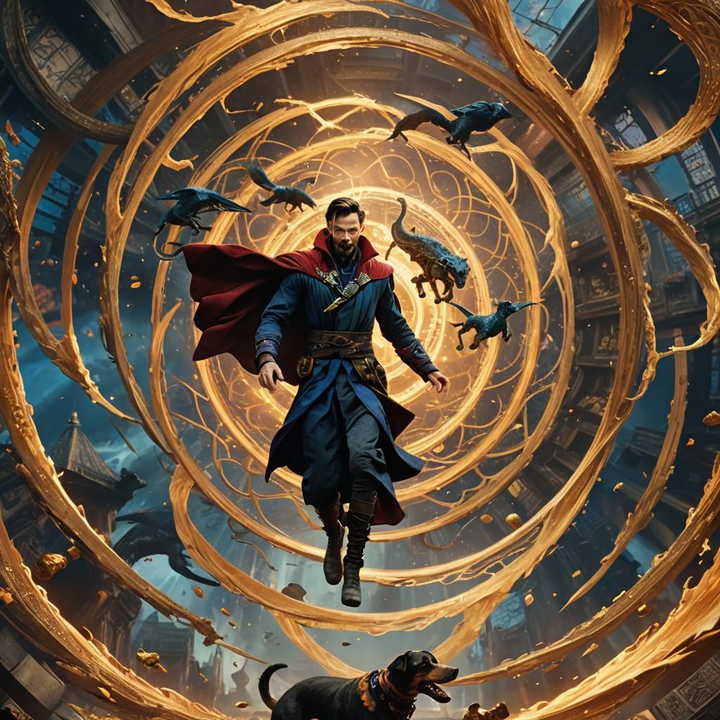 Doctor Strange and Dragon Soaring Through Vortex