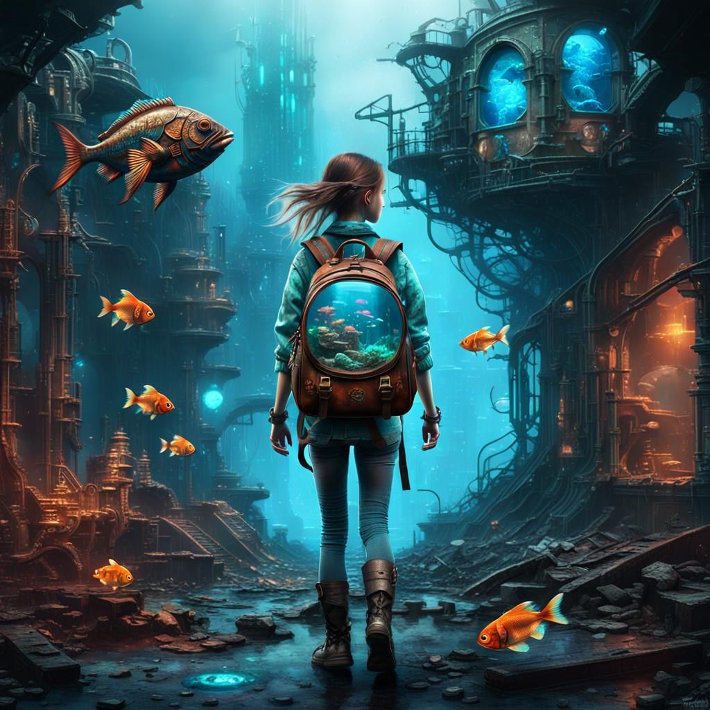 Cyberpunk Child with Aquarium Backpack in Ruined City
