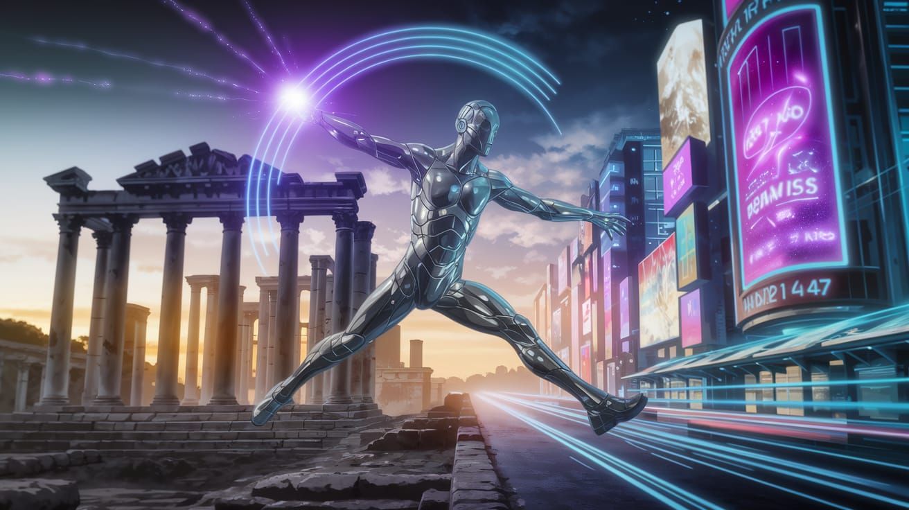 Time Traveler Leaps Between Eras in Anime Style