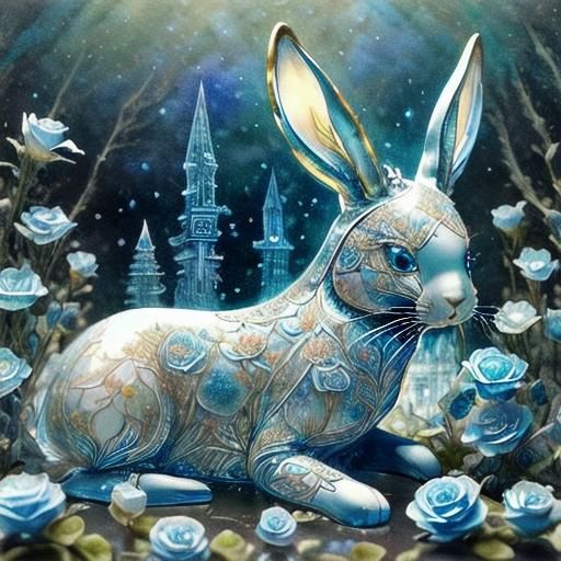 Silver Rabbit in Blue Roses, Ethereal Mixed Media