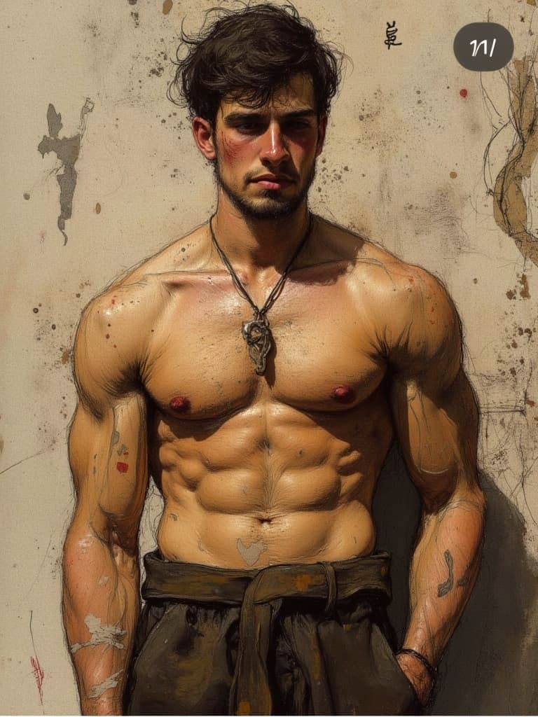 Handsome Beefcake Figure Drawing in Linework Style