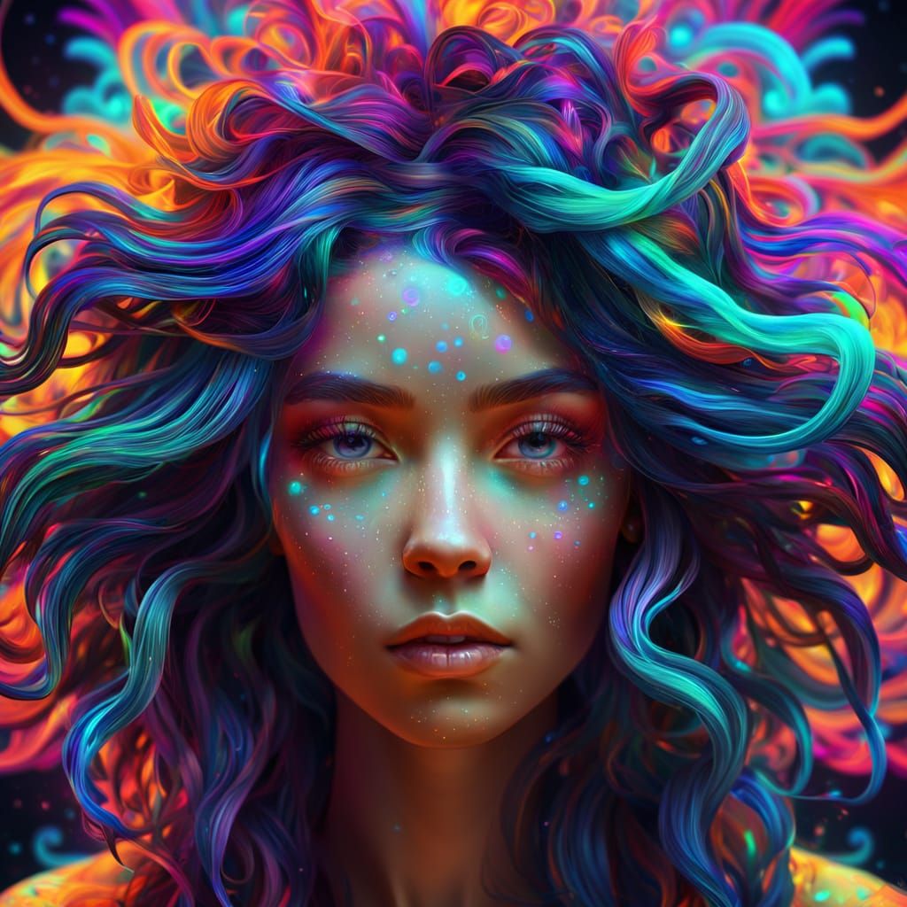 Neon Kaleidoscope Woman with Psychedelic Hair