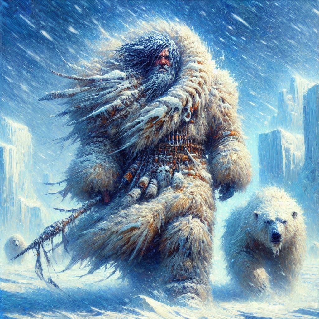 Inuit Man and Polar Bear in Snowstorm