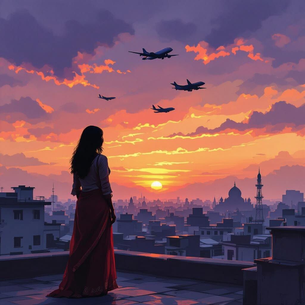 Dhaka Rooftop Sunset: Woman Watches Planes Fly Overhead