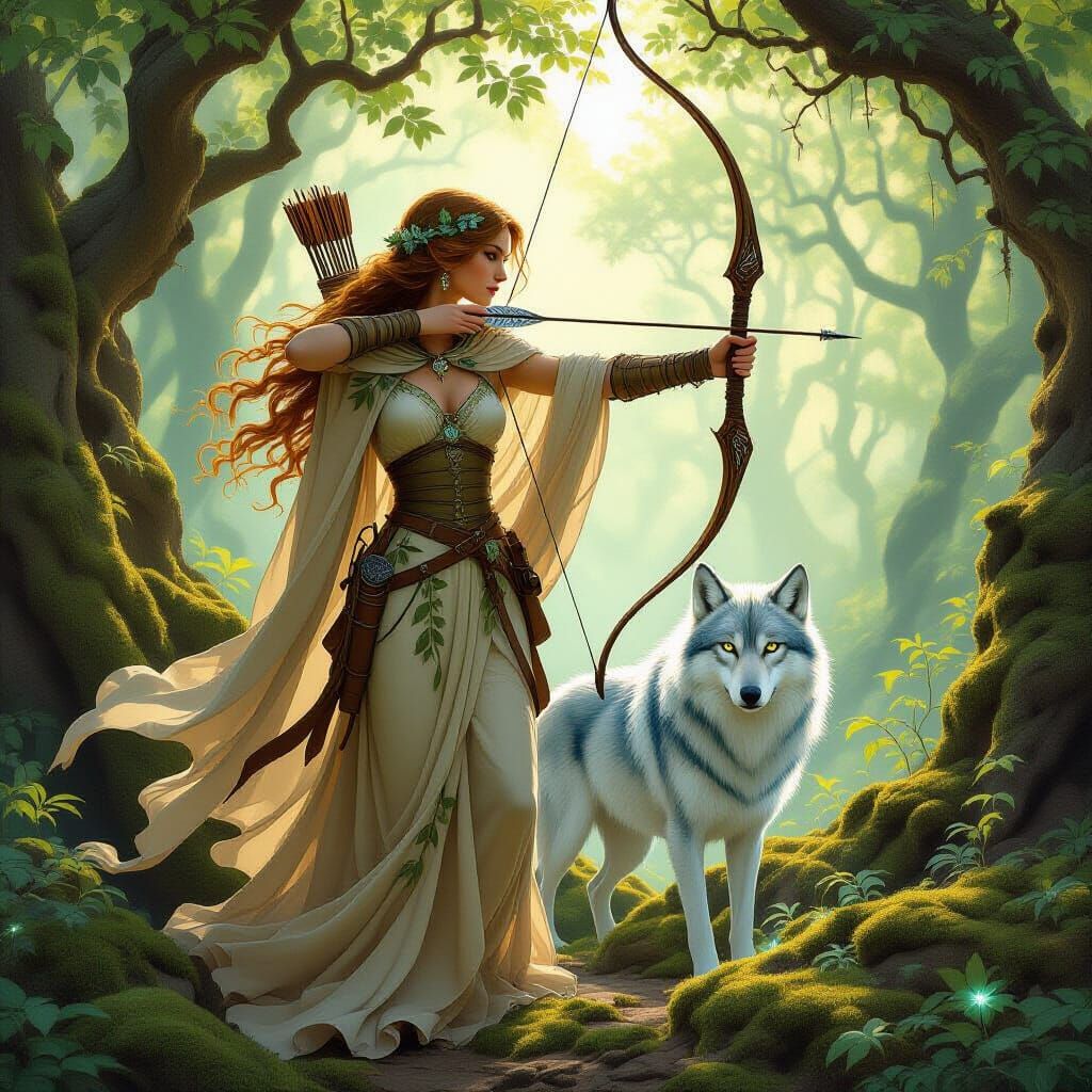 Forest Huntress with Spectral Wolf, Art Nouveau