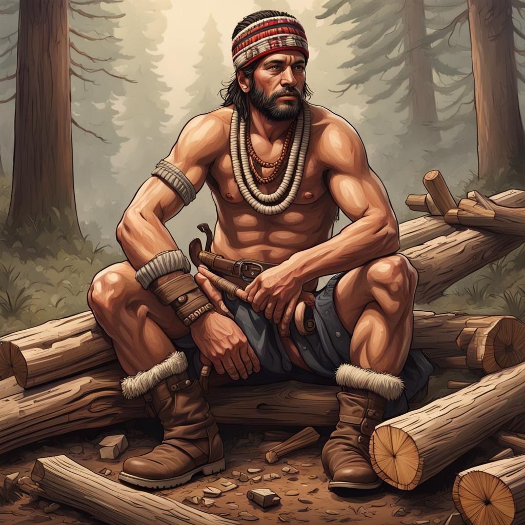 Modern Aztec Lumberjack Collecting Wood