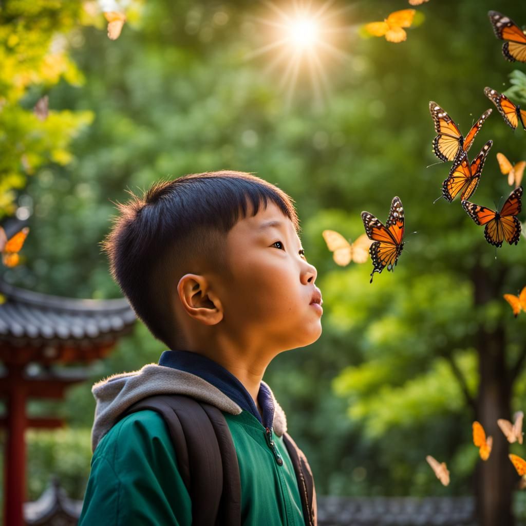 Boy in Awe at Shinto Shrine with Butterflies