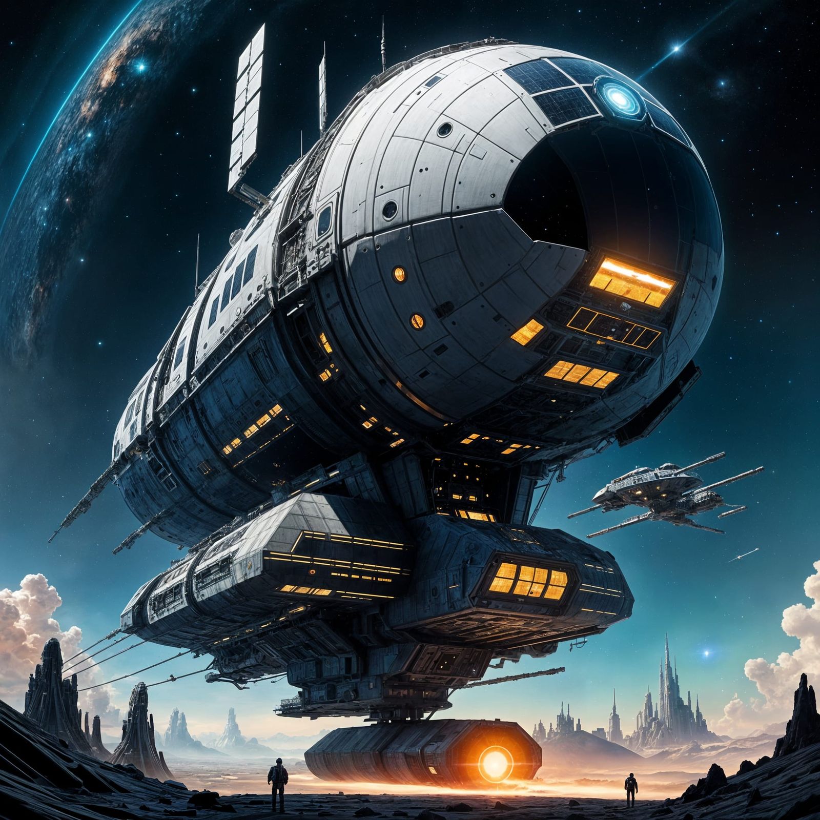 Futuristic Space Station on Galaxy Edge in Atompunk Style