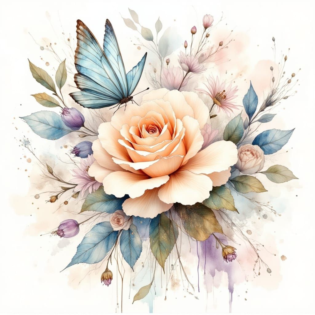 Pastel Floral Still Life with Butterfly and Ribbons