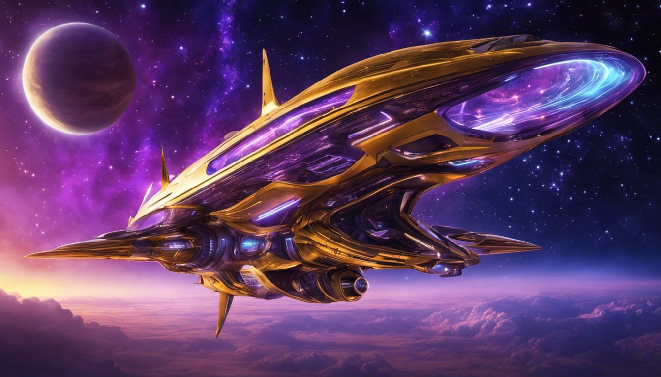 Luminescent Starship in Neon and Gold Hues