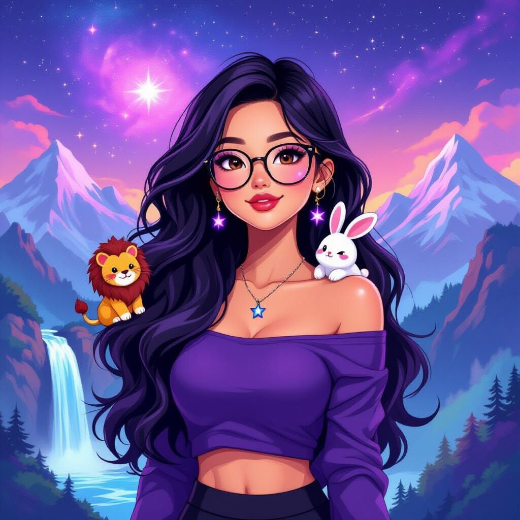 Anime Woman with Galaxy Background and Spirit Animals