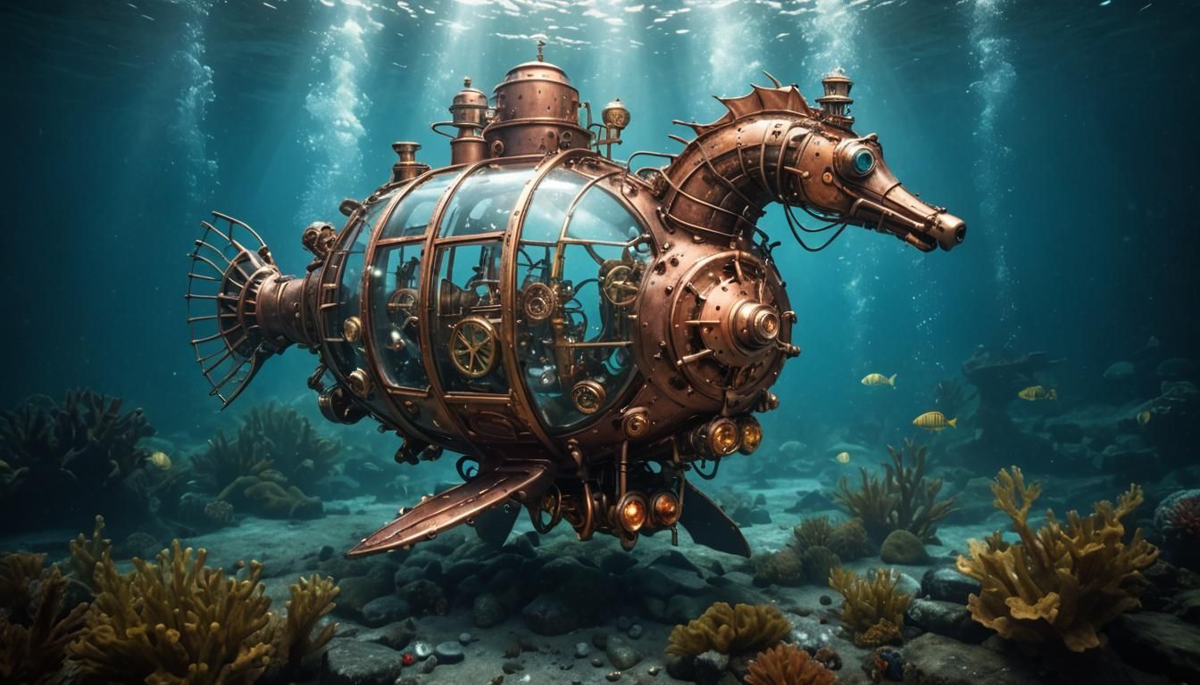 Steampunk Seahorse Submarine in Underwater Photo
