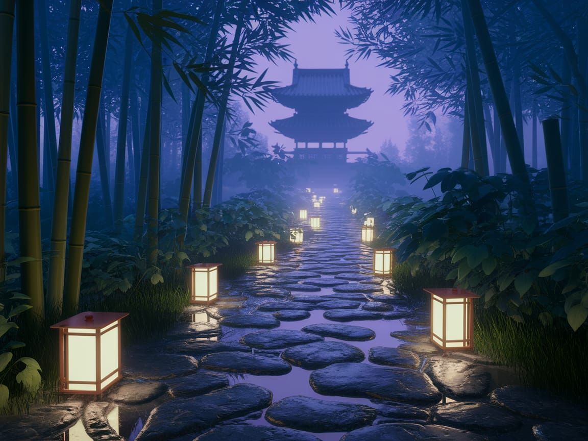 Mystical Japanese Forest Path at Dusk