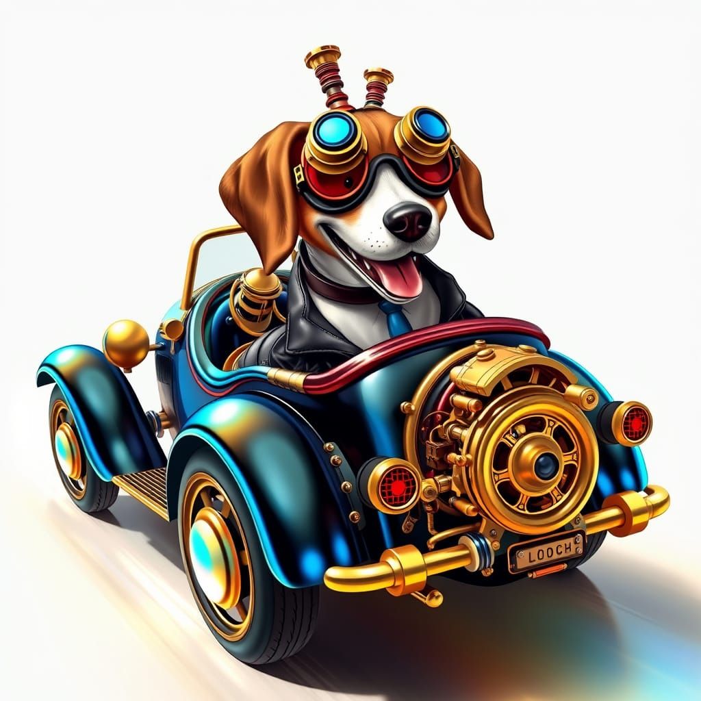 Steampunk Beagle Drives a Bubble Car