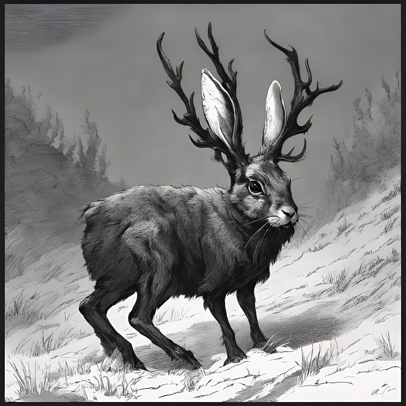 Horror Jackalope in Gustave Doré Style
