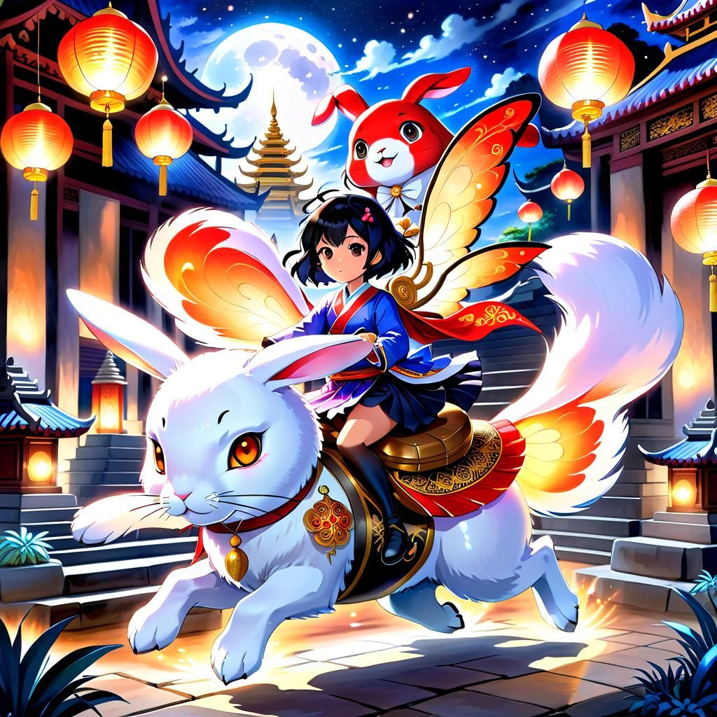 Thai Girl on Magical Rabbit in Anime Style