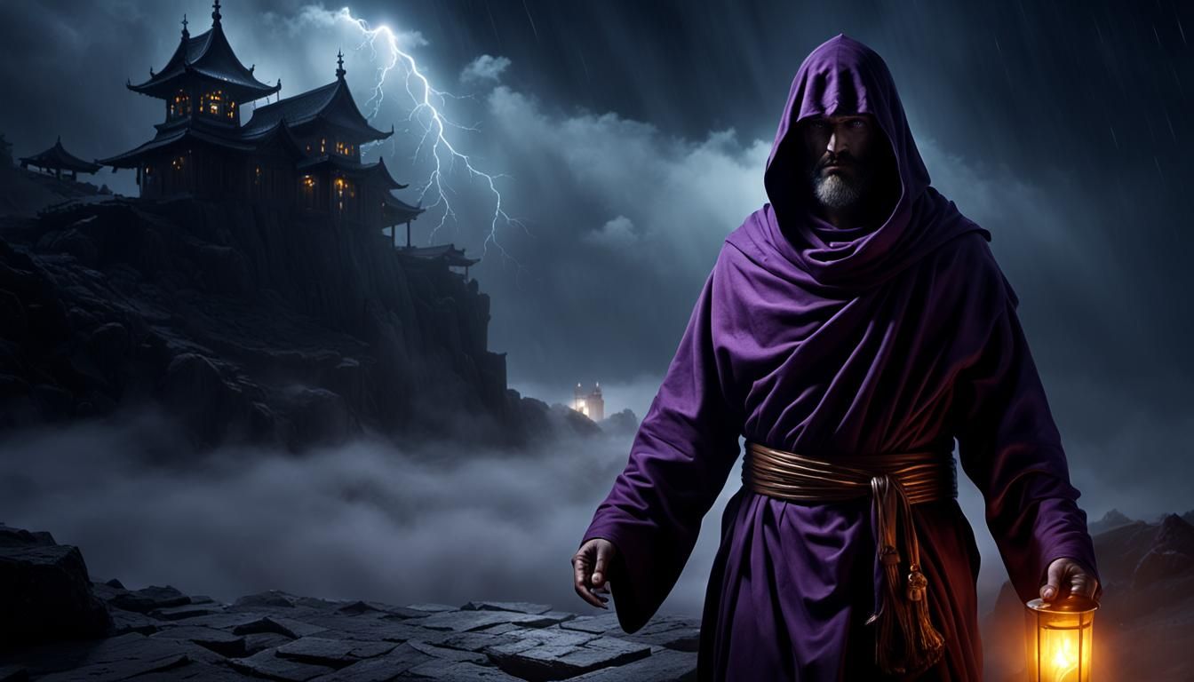 Monk Emerges from Fog in Dark Fantasy Style