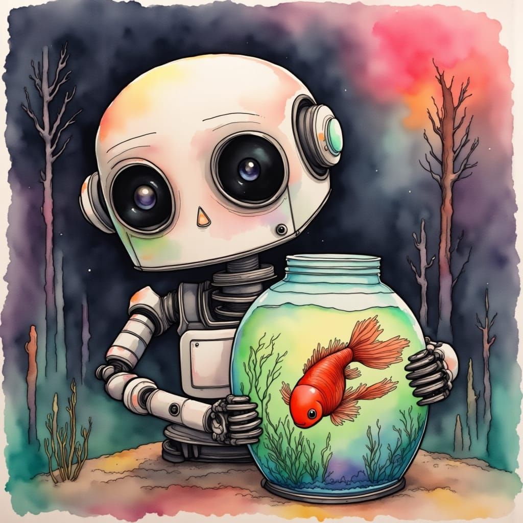 Cute Robot Holding Fishbowl with Neon Accents