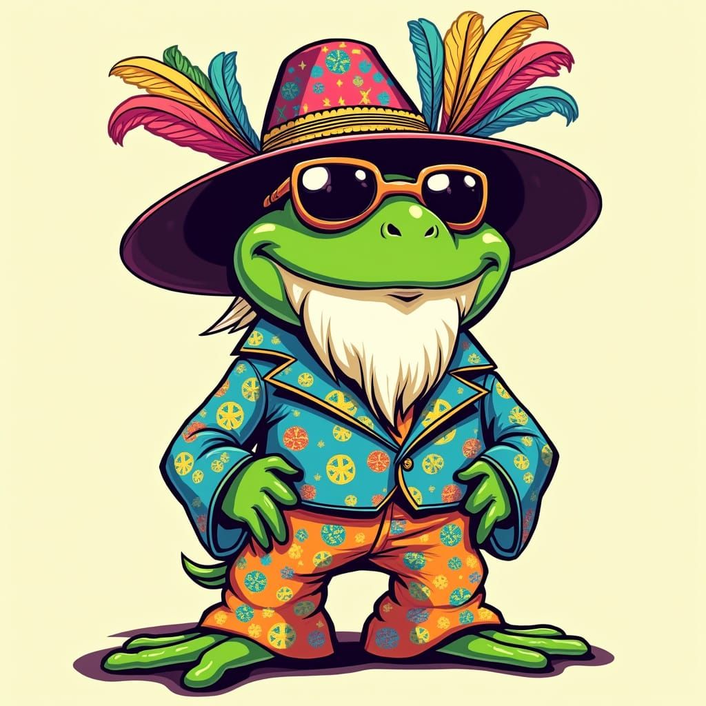 Groovy Cartoon Frog Embodies Retro Hippie Chic